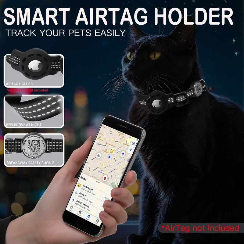Cat GPS Collar with QR Code Tag & Airtag Case  Reflective Apple Tag Cats Collar for Tracker Pet Breakaway Air Tag Kitten Collar