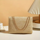 Woven Straw Handwoven Women's Shoulder Bag, Fashion Solid Color Crossbody Purse with Lock Closure