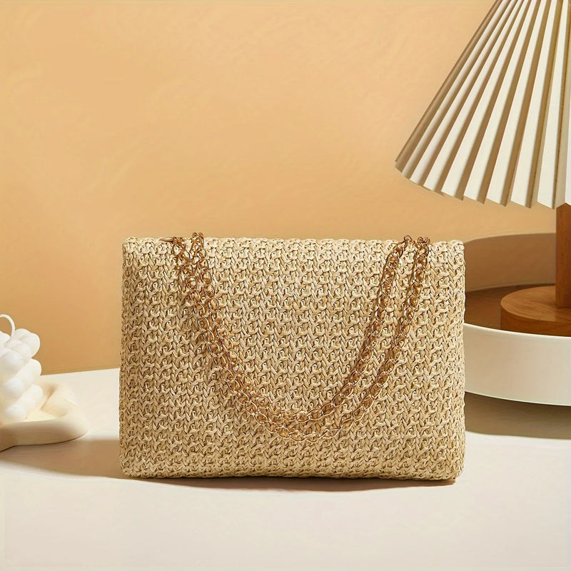 Woven Straw Handwoven Women's Shoulder Bag, Fashion Solid Color Crossbody Purse with Lock Closure