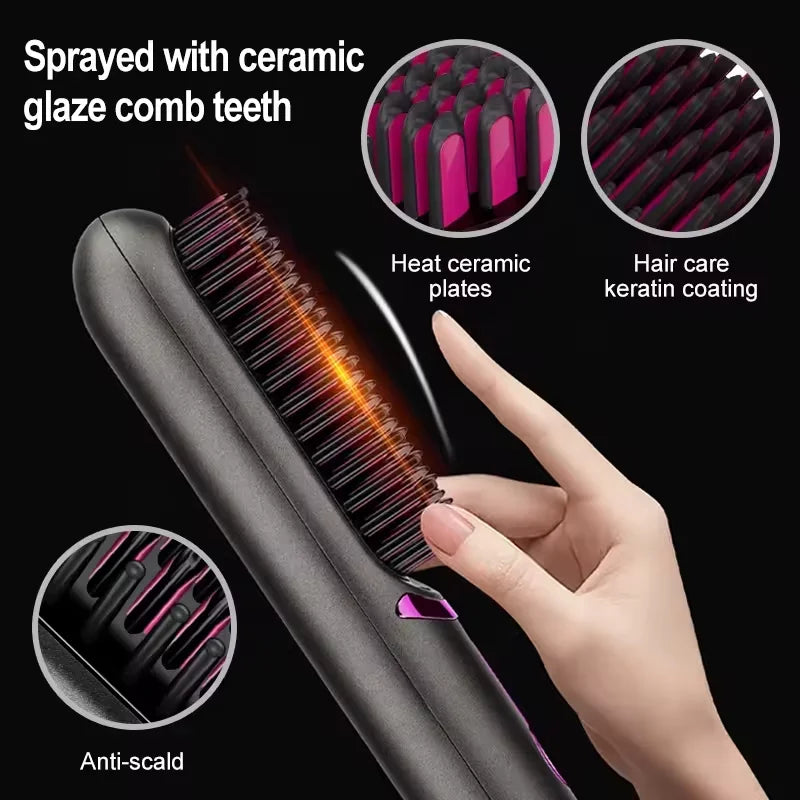 Cordless Hair Straightening Brush Portable Mini Travel Straightener Brush, Women's Ionic Hot Comb Straightener