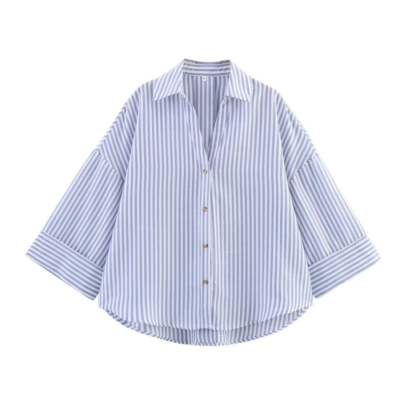 Summer Women's Curled Wide Sleeves Linen Blended Striped Asymmetric Casual Shirt Versatile Collar Linen Blended Printed Shirt