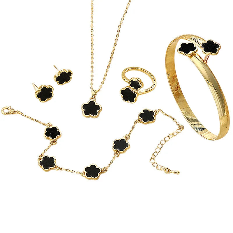 Crisp and lucky flower jewelry set acrylic bracelet and chain five-leaf clover necklace ring earrings for women