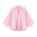 HipSeam Wide Sleeved Shirt Women Spring Asymmetric Hem Button Women's Shirts Simple Lady Johnny Collar Linen Shirts & Blouses