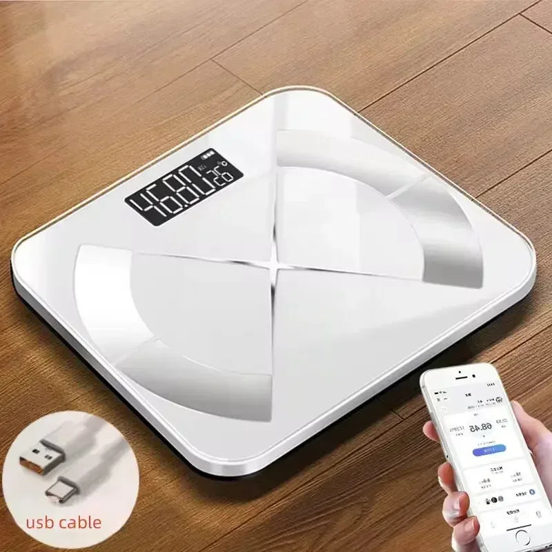 BMI Bluetooth Fat Scale Smart Digital Bathroom Weight Wireless Weight Scale USB Rechargeable Smartphone APP