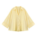 Summer Women's Curled Wide Sleeves Linen Blended Striped Asymmetric Casual Shirt Versatile Collar Linen Blended Printed Shirt