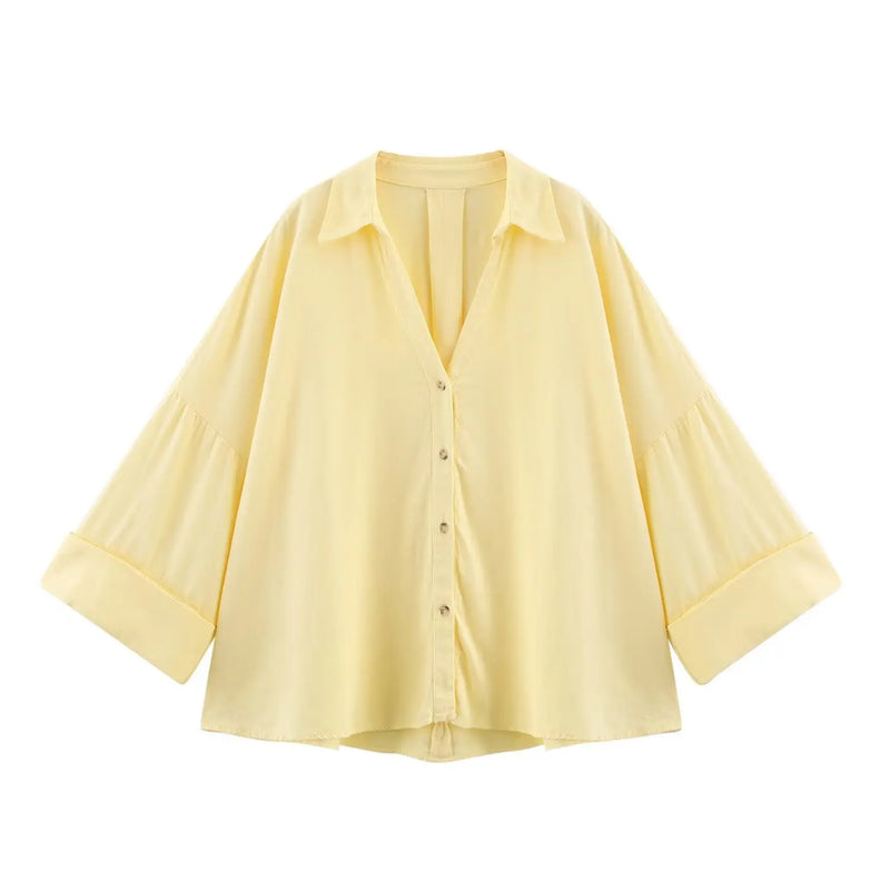 Summer Women's Curled Wide Sleeves Linen Blended Striped Asymmetric Casual Shirt Versatile Collar Linen Blended Printed Shirt