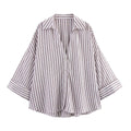 Summer Women's Curled Wide Sleeves Linen Blended Striped Asymmetric Casual Shirt Versatile Collar Linen Blended Printed Shirt
