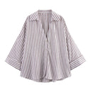 Summer Women's Curled Wide Sleeves Linen Blended Striped Asymmetric Casual Shirt Versatile Collar Linen Blended Printed Shirt