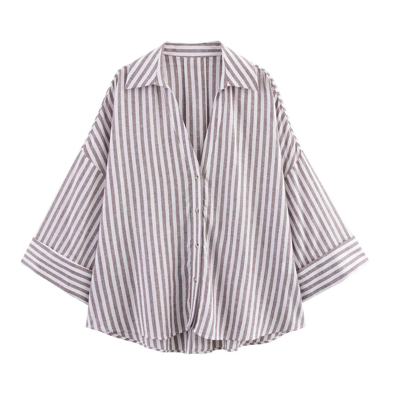 Summer Women's Curled Wide Sleeves Linen Blended Striped Asymmetric Casual Shirt Versatile Collar Linen Blended Printed Shirt