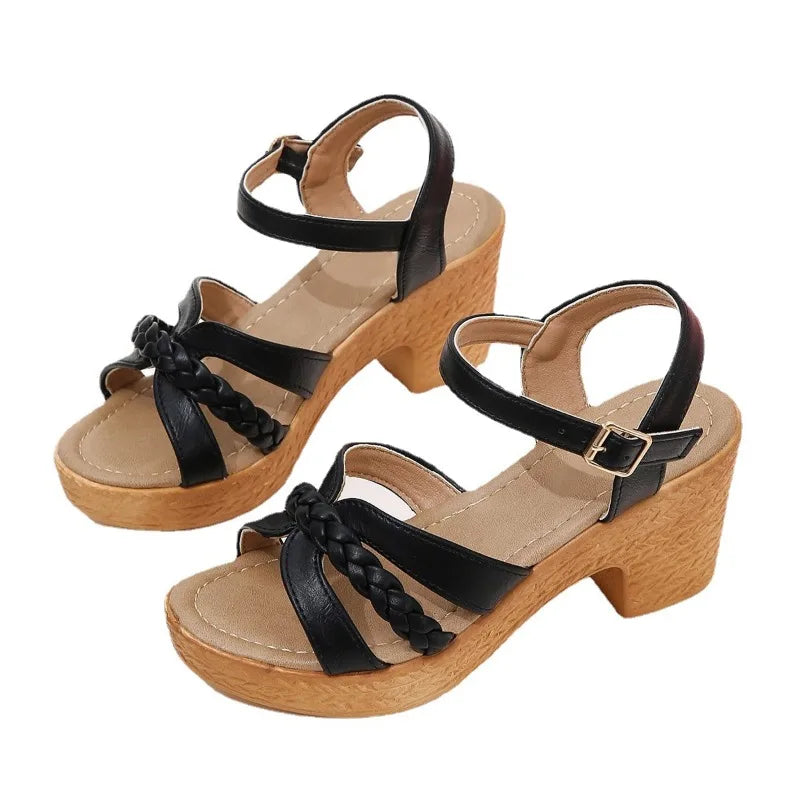Women's Braided High Heels Chunky Sandals 2025 Summer Platform Gladiator Sandals Woman Ankle Straps Casual Vacation Beach Shoes