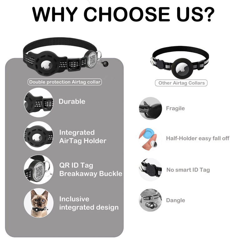 Cat GPS Collar with QR Code Tag & Airtag Case  Reflective Apple Tag Cats Collar for Tracker Pet Breakaway Air Tag Kitten Collar