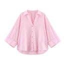 Summer Women's Curled Wide Sleeves Linen Blended Striped Asymmetric Casual Shirt Versatile Collar Linen Blended Printed Shirt