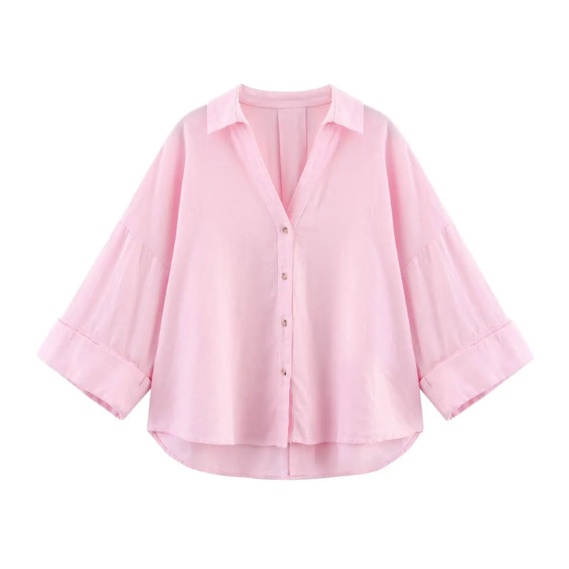 Summer Women's Curled Wide Sleeves Linen Blended Striped Asymmetric Casual Shirt Versatile Collar Linen Blended Printed Shirt