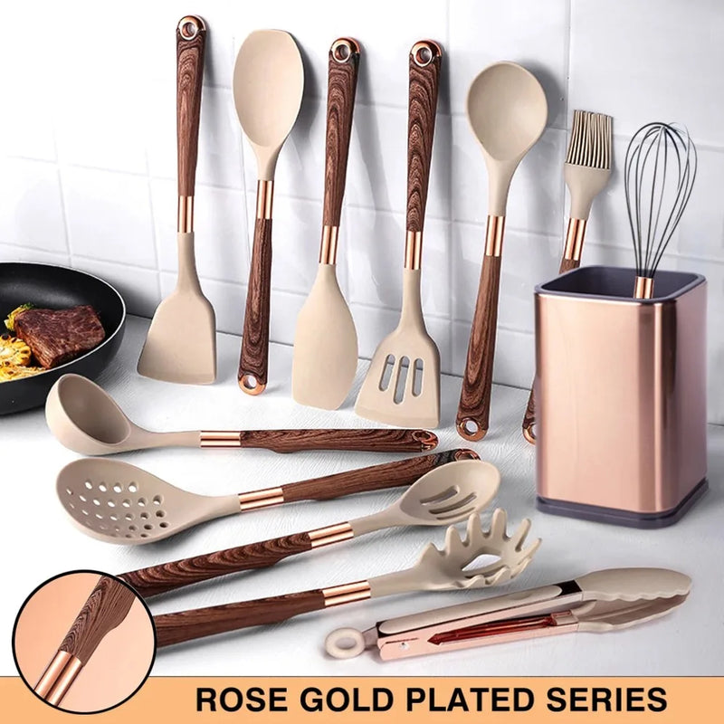 🍽️ Conjunto de Utensílios de Cozinha em Silicone Rose Gold – LARTI SCUPRITE