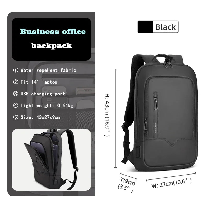 HK Slim Backpack For Men 15.6 Inch Laptop Bags Waterproof Minimalist Business Backpack With USB Charging Casual Travel Work Bag