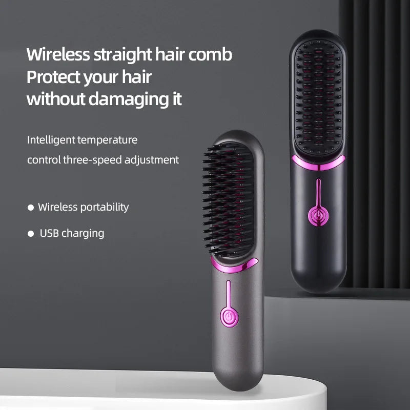 Cordless Hair Straightening Brush Portable Mini Travel Straightener Brush, Women's Ionic Hot Comb Straightener